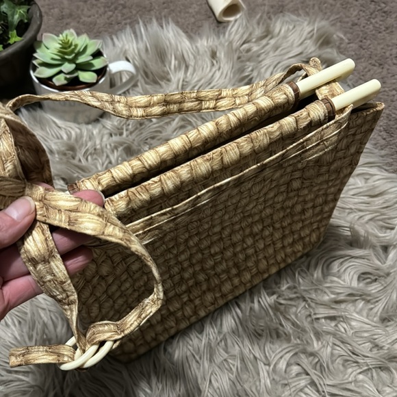 Vintage Toby Weston Convertible Bag-Cloth-Faux Woven Look Print-Tan/Beige - Picture 15 of 16